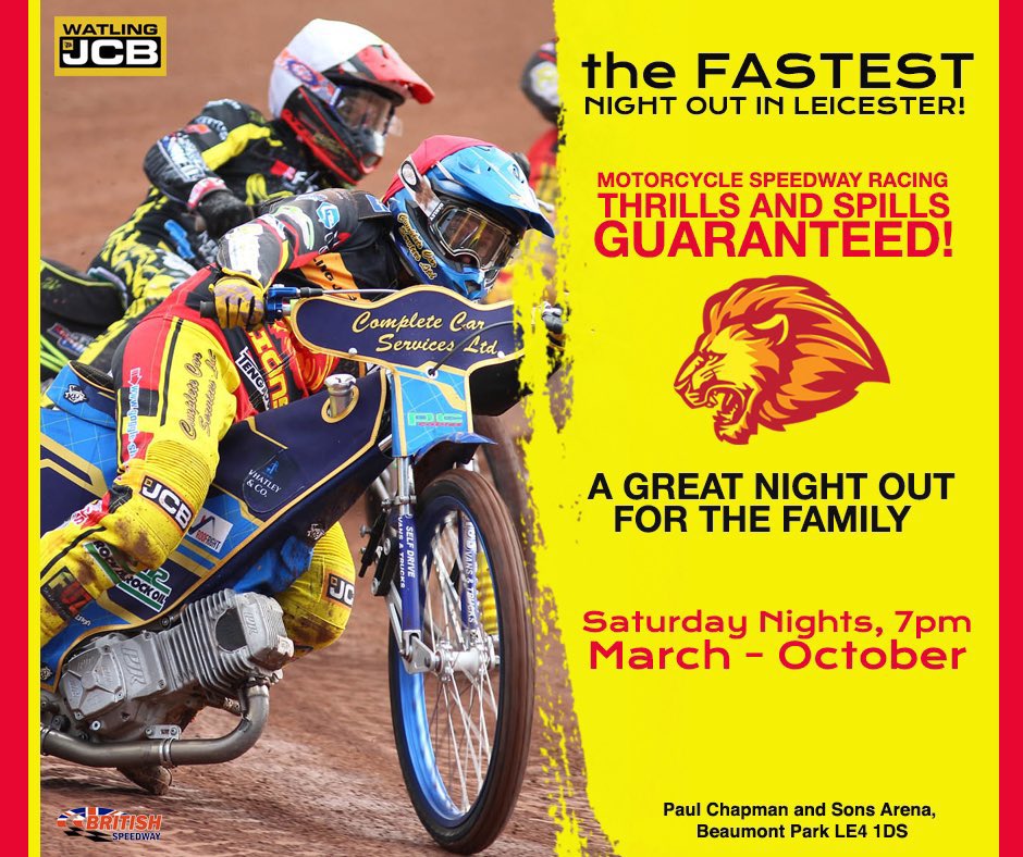 SpeedwayLions's tweet photo. 𝟭𝟮 𝗛𝗢𝗨𝗥 𝗚𝗜𝗩𝗘𝗔𝗪𝗔𝗬 ‼️

WIN a pair of tickets to Saturday’s home clash with Newcastle.

Simply follow, like and retweet

𝙇𝙀𝙄𝘾𝙀𝙎𝙏𝙀𝙍’𝙎 𝙁𝘼𝙎𝙏𝙀𝙎𝙏 𝙉𝙄𝙂𝙃𝙏 𝙊𝙐𝙏!

🏟 Paul Chapman and Sons Arena, Beaumont Sports Complex, Leicester LE4 1DZ

🦁 #LionsRoar https://t.co/WAFcpyNVEs