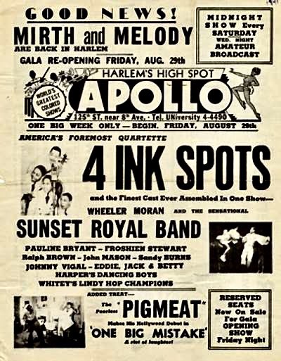 hoofer2's tweet photo. Handbill for the Apollo Theater featuring Whitey’s Lindy Hoppers in the lineup performing with the Sunset Royal Band #whiteyslindyhoppers #apollotheater #inkspots #pigmeatmarkham @apollotheater https://t.co/WxpcJTCWbh