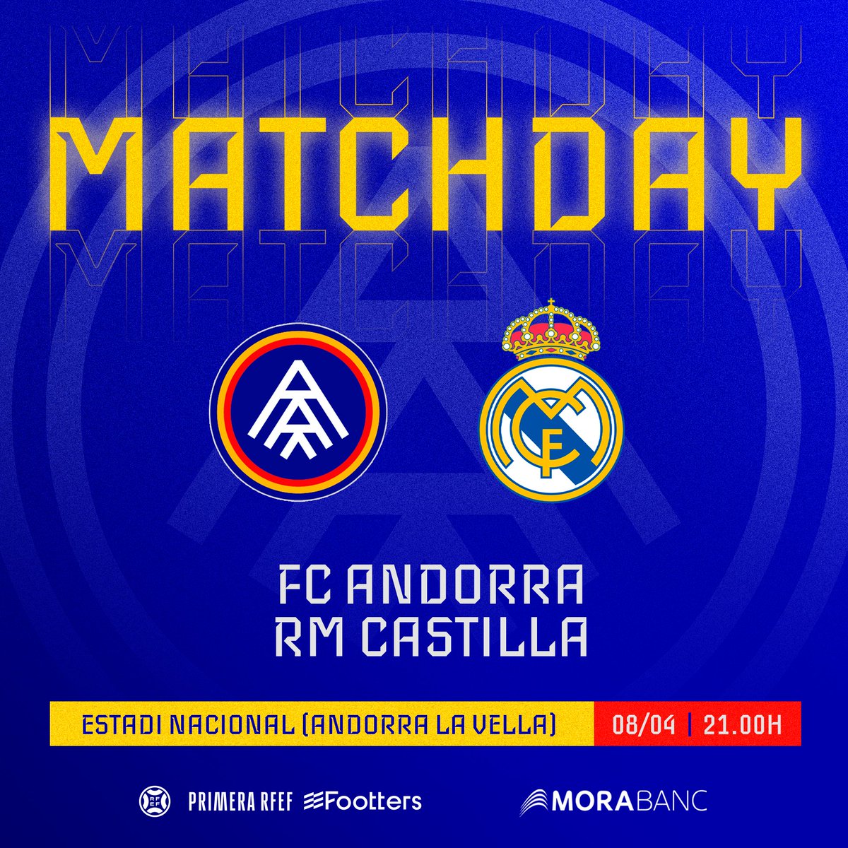fcandorra's tweet photo. 🚨 DIA DE PARTIT!

🆚 @lafabricacrm 
🕕 21 h
📌 Estadi Nacional

#SomTricolors 🔵🟡🔴
#Morabanc https://t.co/7YuHGHmtJs