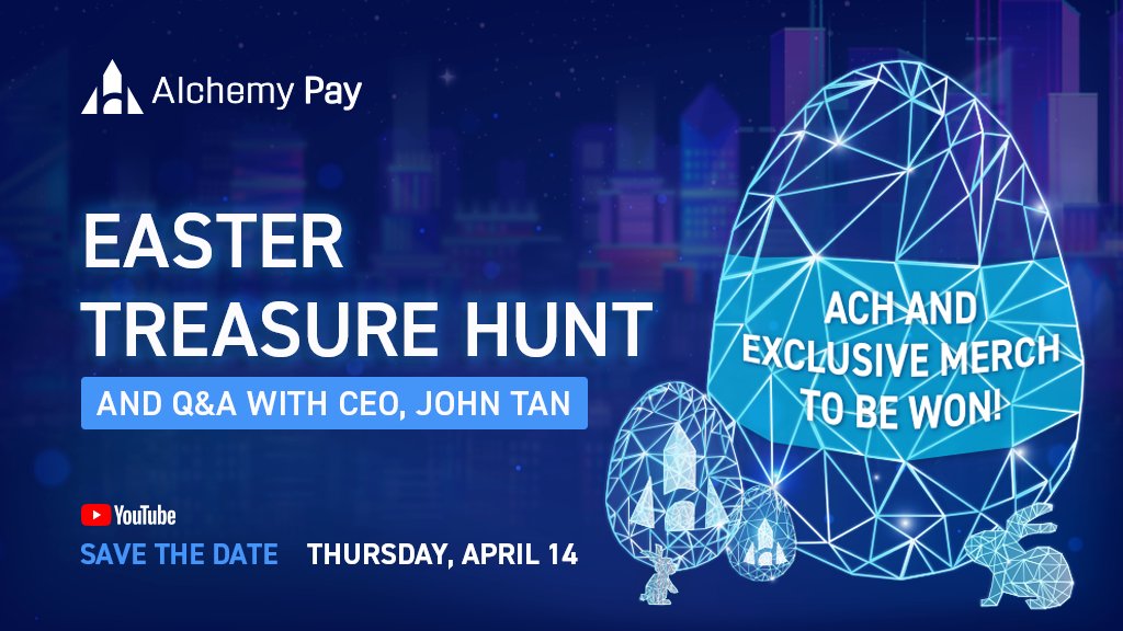 AlchemyPay's tweet photo. 🐣 Easter Treasure Hunt!
🎁Exclusive Merch &amp; $ACH To Be Won! 

Our CEO, John Tan, will address common questions on our Youtube Channel on 14 April with a quiz to follow. Save the date!

Like, RT, and Tag 3 friends to win 1000 ACH (10 winners announced 11 April)
#alchemypay https://t.co/FsIDRY4sr2
