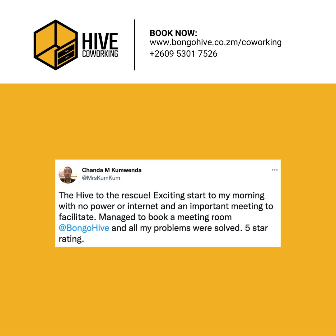 hivecoworkingzm's tweet photo. Rating: βββββ
π19 Katima Mulilo Road,
Olympia Park Lusaka
https://t.co/6HueXkEhSi
@MrsKumKum
#HiveCoworking #CoworkingLusaka https://t.co/RX77Z99siU