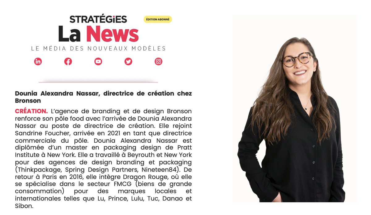 bronson_design's tweet photo. [BREAKING NEWS]
Dounia Alexandra Nassar, directrice de création, rejoint le pôle Food de l'agence ! 🔥
.
.
.
News dans Stratégies 👇
https://t.co/bRT4hS6BZy
.
.
#directricedecreation #food #packaging #DC #agency #bronsongroup https://t.co/ity48VvDR1