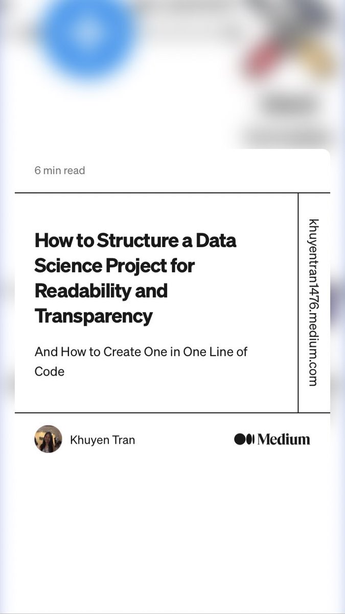 A good template for DS projects. 

“How to Structure a Data Science Project for Readability and Transparency” by Khuyen Tran
link.medium.com/hCcQrO6q3ob