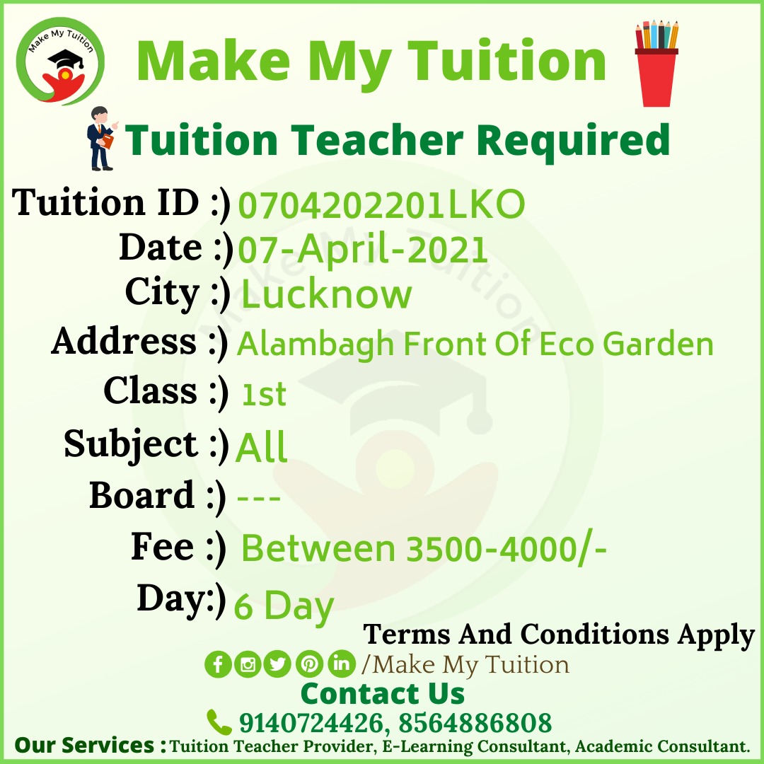 makemytuition's tweet photo. Home Tuition Teacher Required In Alambagh. Best Home Tuition Provider 
#hometuition #tuitionteacher #makemytuition #hometutor https://t.co/c0fP3HEnTF