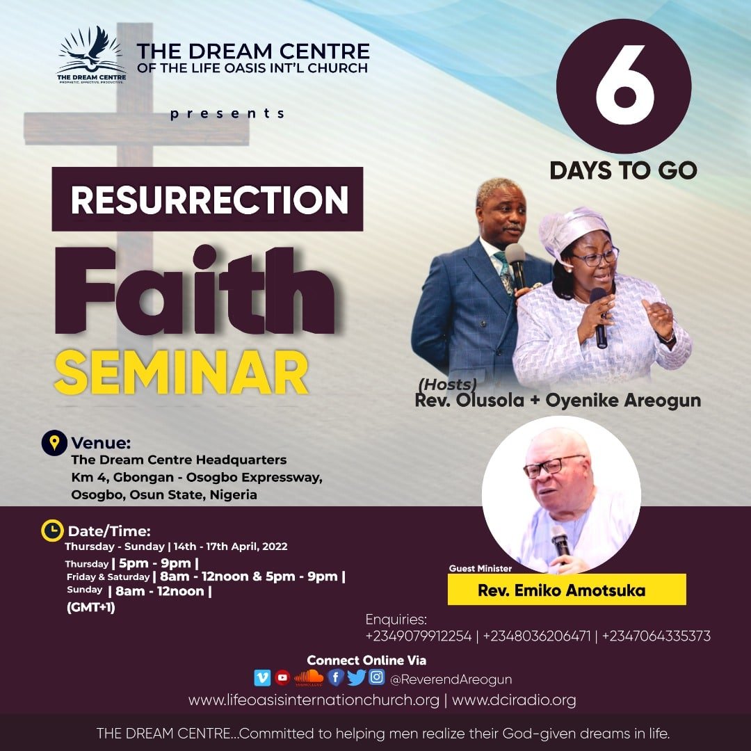 ReverendAreogun's tweet photo. 6 days to go!
Registration is free @ https://t.co/2AY9jvT6Bf
#RFS2022 #ResurrectionFaithSeminar2022 https://t.co/kSph3WasxZ