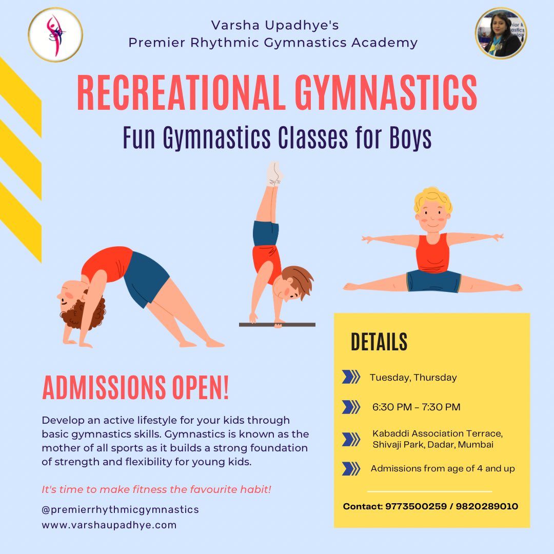 PremierRhythmic's tweet photo. Admissions open for #recreationalgymnastics for boys at PRGA #Dadar Centre ⭐️ 

#sports #mumbai #fitness #activitiesforkids #fitindia #gymnastics #fungymnastics https://t.co/4NWpAliwmI