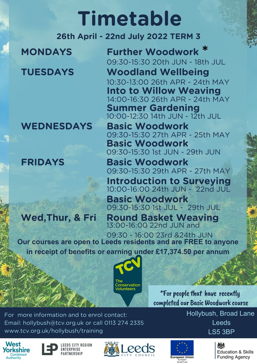 TCVhollybush's tweet photo. New #courses added to our term 3 timetable! Get yourself a new green hobby! We have #gardening, #willow weaving, #surveying, #basketry, #woodwork and wellbeing courses. All taught at our friendly supportive centre in #Kirkstall. #Learning #Nature #Community #LS5 #JoinInFeelGood https://t.co/l8N9pMct8C
