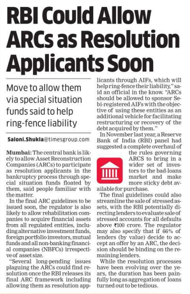 FcrpIndia's tweet photo. RBI Could Allow ARCs as Resolution Applicants Soon - Economic Times
#rbi #ibccode #companyresolution #companylaw https://t.co/iql4MistbM