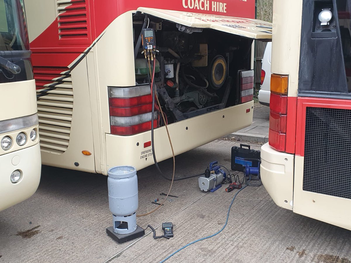 AirconcoLtd's tweet photo. Our dealer Kempair Ltd has another busy day A/C servicing and carrying out HVAC repairs to vehicles coming out of nearly two years of hibernation for a customer of nearly 20 years @Safeguard1coach #NationalCoachWeek #FleetServicing #OnsiteSupport https://t.co/vZOmHA3ZUp