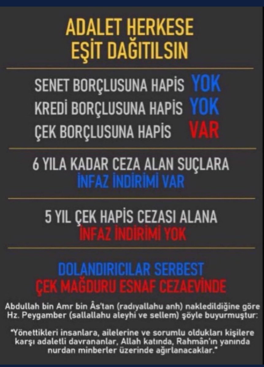 Sn Cumhurbaşkanım Adalet istiyoruz #CekYasasıMagdurları esnaflarınız suçlu değil borçlu #CekeHapisCezasıKalksın borç hapiste ödenmez <a href="/RTErdogan/">Recep Tayyip Erdoğan</a> <a href="/dbdevletbahceli/">Devlet Bahçeli</a> <a href="/yilmaztunc/">Yılmaz TUNÇ</a> <a href="/bybekirbozdag/">Bekir  Bozdağ</a> <a href="/avabdullahguler/">Abdullah Güler</a> <a href="/avcahitozkan/">Cahit ÖZKAN</a> <a href="/Hayati_Yazici/">Hayati Yazıcı</a> <a href="/AvOzlemZengin/">Av. Özlem Zengin 🇹🇷</a> <a href="/iffetpolat/">İffet Polat 🇹🇷🇹🇷🇹🇷</a> <a href="/mustafaelitas/">Mustafa Elitaş</a>