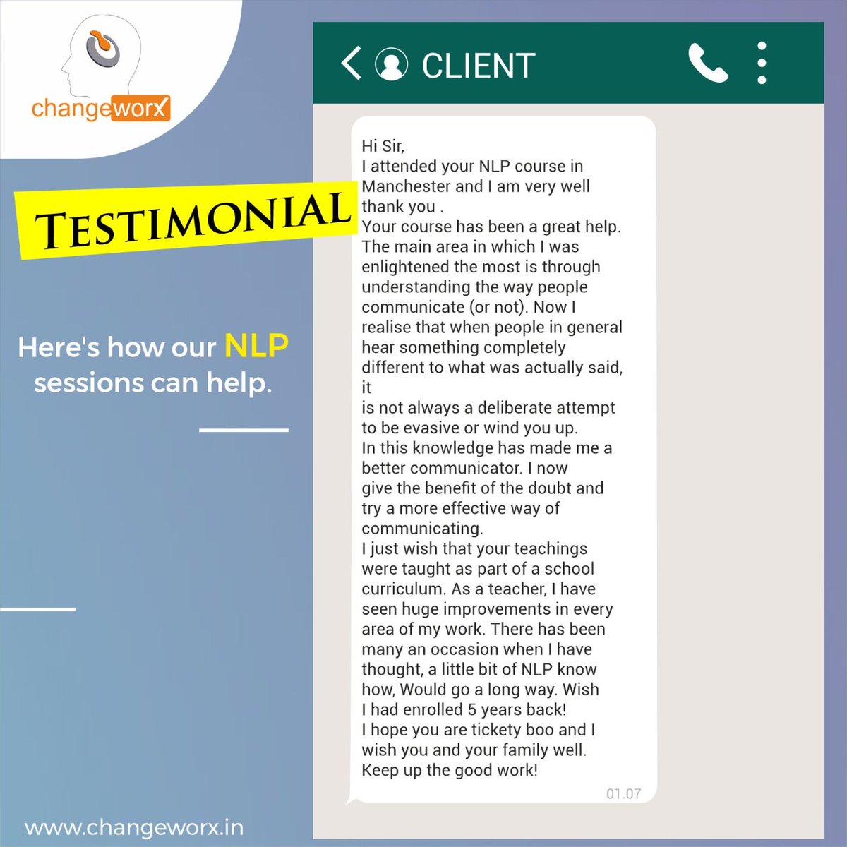 NLP_Changeworx's tweet image. &quot;Wondering if NLP really helps? 
Here&apos;s one of our client&apos;s feedback after we helped in resolving their issue 
through NLP. 
NLP helps an individual in many different ways like - 
 #nlpmaster #nlpcommunity #nlpcommunication #nlpcoachi̇ng #learning #learningeveryday #healthyliving