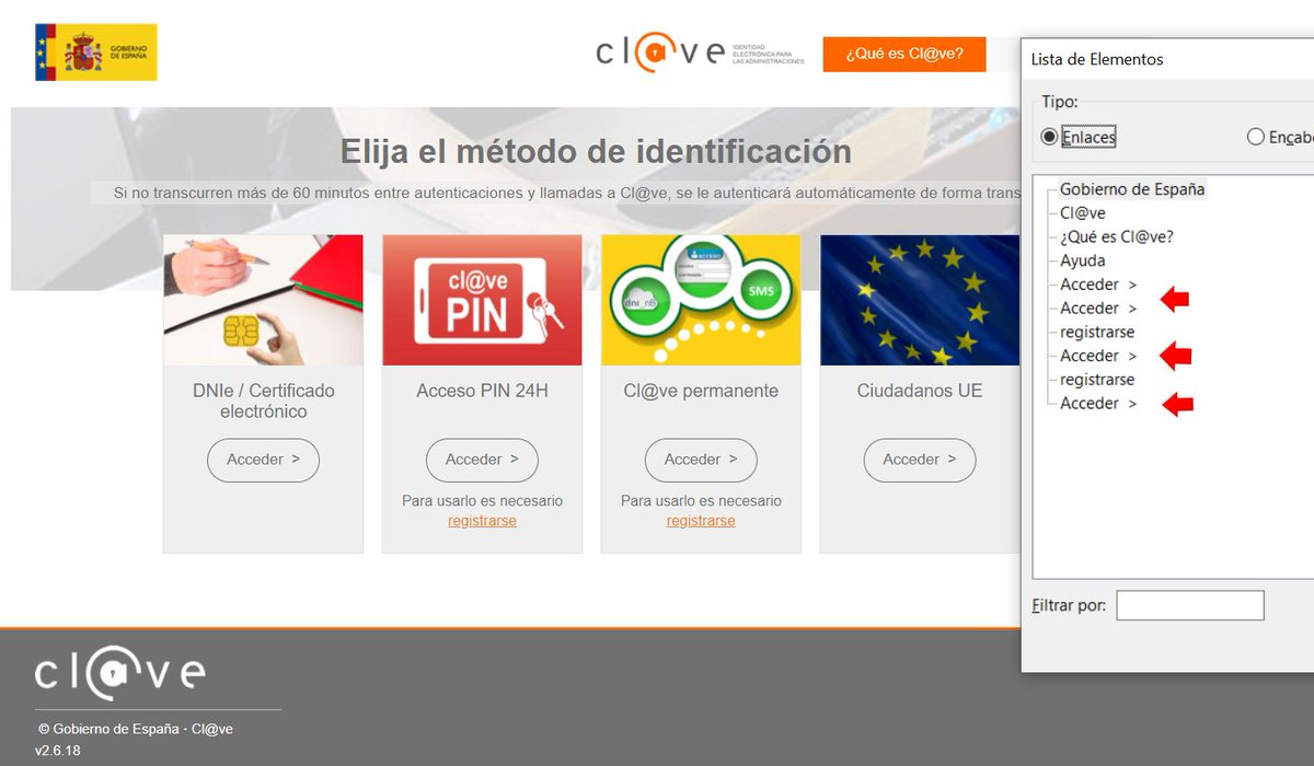 El usuario de lector de pantalla agradecería poder diferenciar los botones "Acceder" de la página de  identificación de Cl@ve. Bastaría un aria-labelledby: <h3 id="tit1">DNIe / Certificado electrónico</h3><a href="..." id="b1" aria-labelledby="b1 tit1">Acceder</a> #accesibilidad