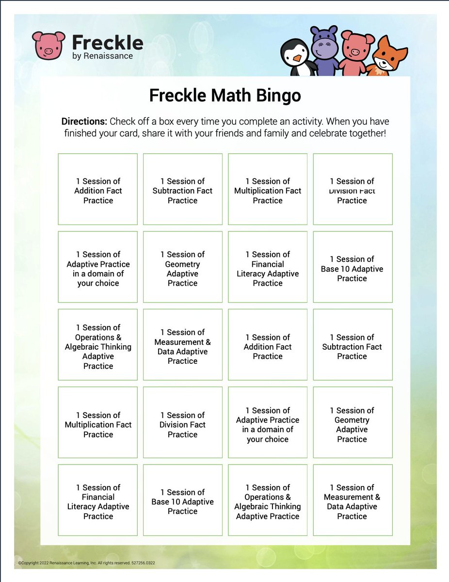 Celebrate Mathematics and Statistics Awareness Month with downloadable activities such as Freckle Math bingo! The Freckle Summer 2022 Engagement Kit is full of math practice and more to ensure your students continue their learning all summer long.  bit.ly/3urw5GF