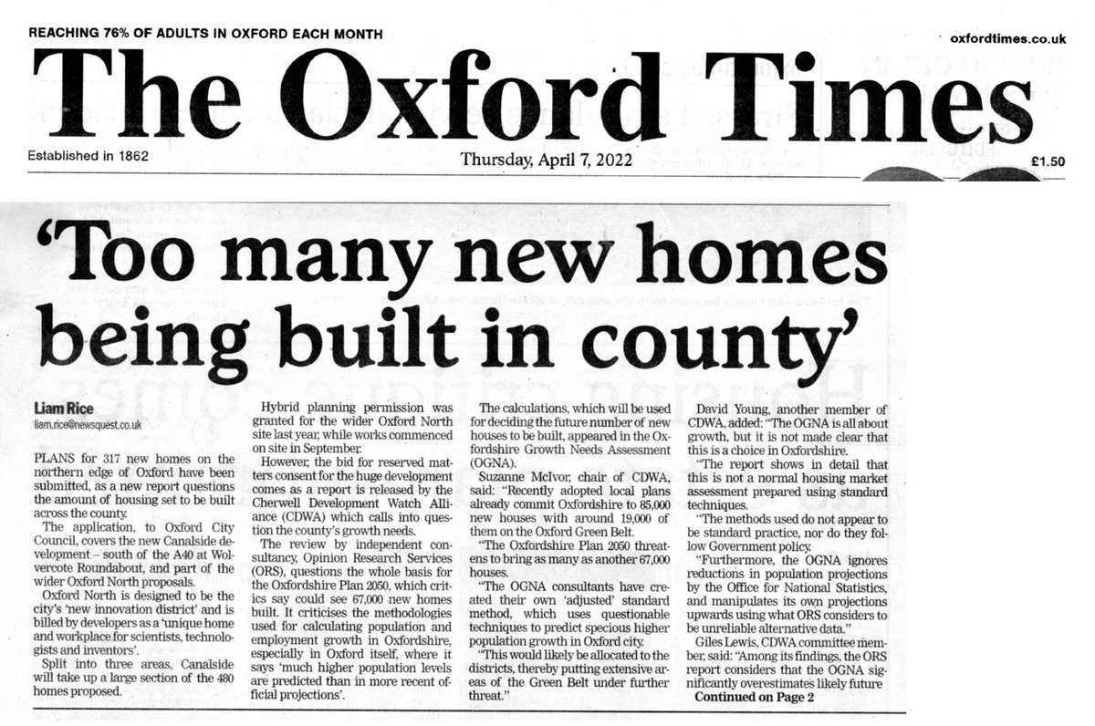 CherwellWatch's tweet photo. CDWA's independent peer review finds serious flaws in the Oxfordshire Growth Needs Assessment. Oxford Times says "Essential that Councils take note of new report on housing".  Listen up @futureoxpartner https://t.co/vbt8J2Npk8