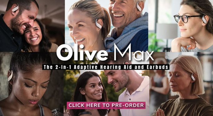 olive max adaptive hearing aid and earbuds