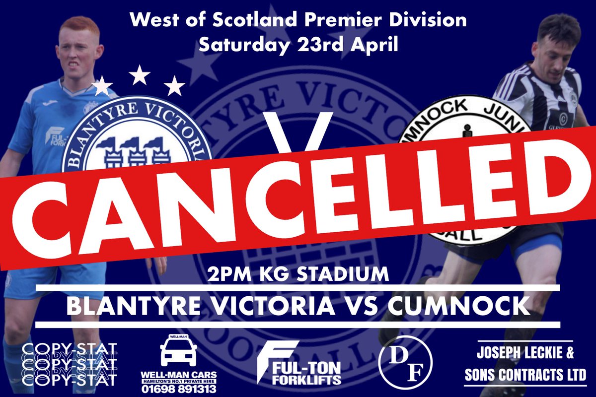 ⚠️MATCH CANCELLED⚠️

Due to unforeseen circumstances we have been granted a cancellation of tomorrow’s match with <a href="/CumnockJnrsFC/">Cumnock Juniors FC ⭐️⭐️⭐️</a>. More info will be posted regarding this tomorrow. We apologise for any inconvenience this may cause.