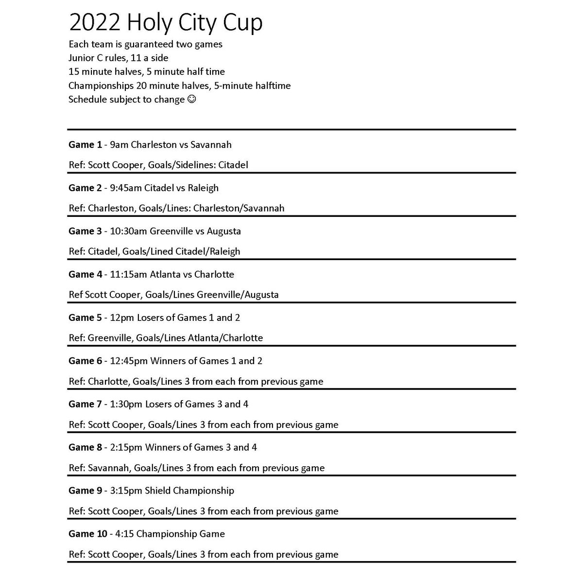 You can see the full schedule of the 9th Annual Holy City Cup below. We'll be doing some extra social media over on <a href="/playhurling/">Play Hurling</a> where you might be able to find some live updates tomorrow. Schedule subject to change. #UpCharleston