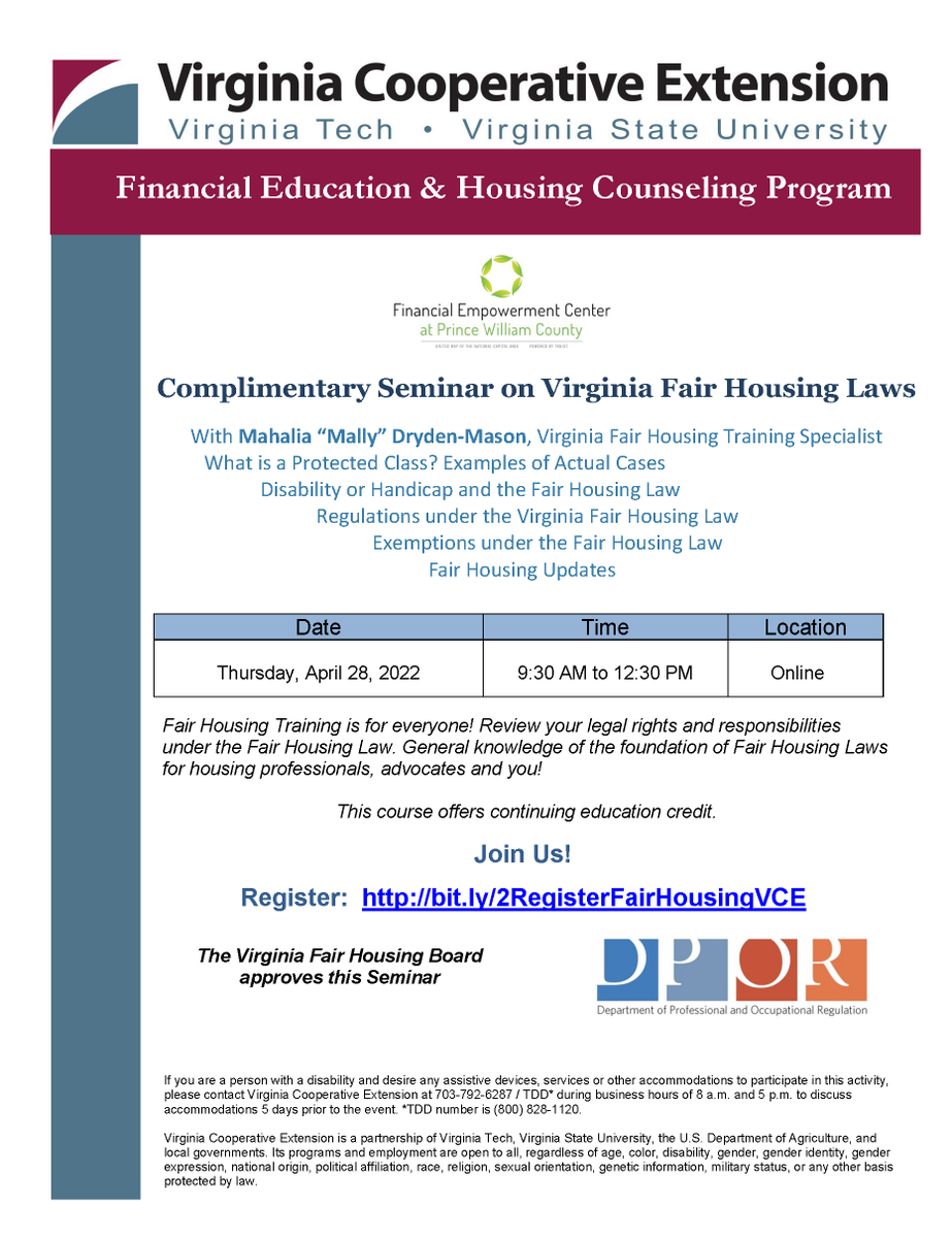 FinEdPWC_VCE's tweet photo. Join us for a complimentary seminar on Virginia Fair Housing Laws on Thursday, April 28, 2022 from 9:30 AM - 12:30 PM. Use our link to sign up: 
https://t.co/fTTV7XJYQ6 https://t.co/JdIpY9BCtg