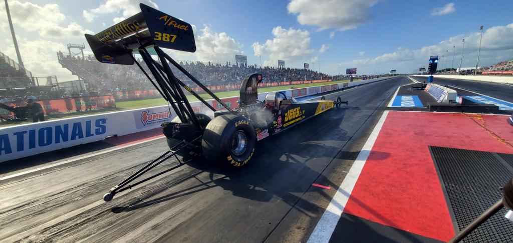 Mike Coughlin and the #McPhillipsRacing guys in @JEGSPerformance yellow & black rebounded nicely after shaking in Q1 of #TopAlcoholDragster. In Q2 the second generation racer laid down a 5.241 at 279.61mph to take the top spot. #SpringNats #JEGSequipped @NHRA @HoustonRaceway