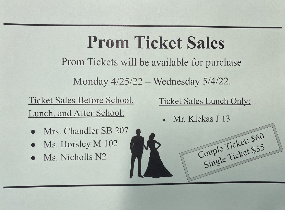 Prom tickets go on sale on Monday!💃

$60 for a couple
$35 for a single