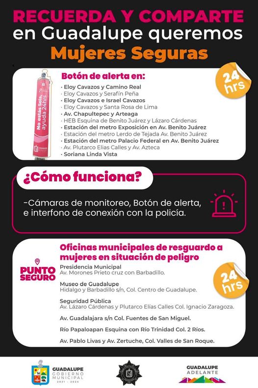 municipiodegpe's tweet photo. En #GuadalupeNL queremos mujeres seguras, te compartimos las ubicaciones de los botones de alerta y puntos seguros que esperamos que nunca sea necesario que utilices, pero que pueden ser de gran ayuda en una situación de peligro, las 24 horas del día.

#MujerSegura 
#PuntoSeguro https://t.co/0HhTAV7ToY