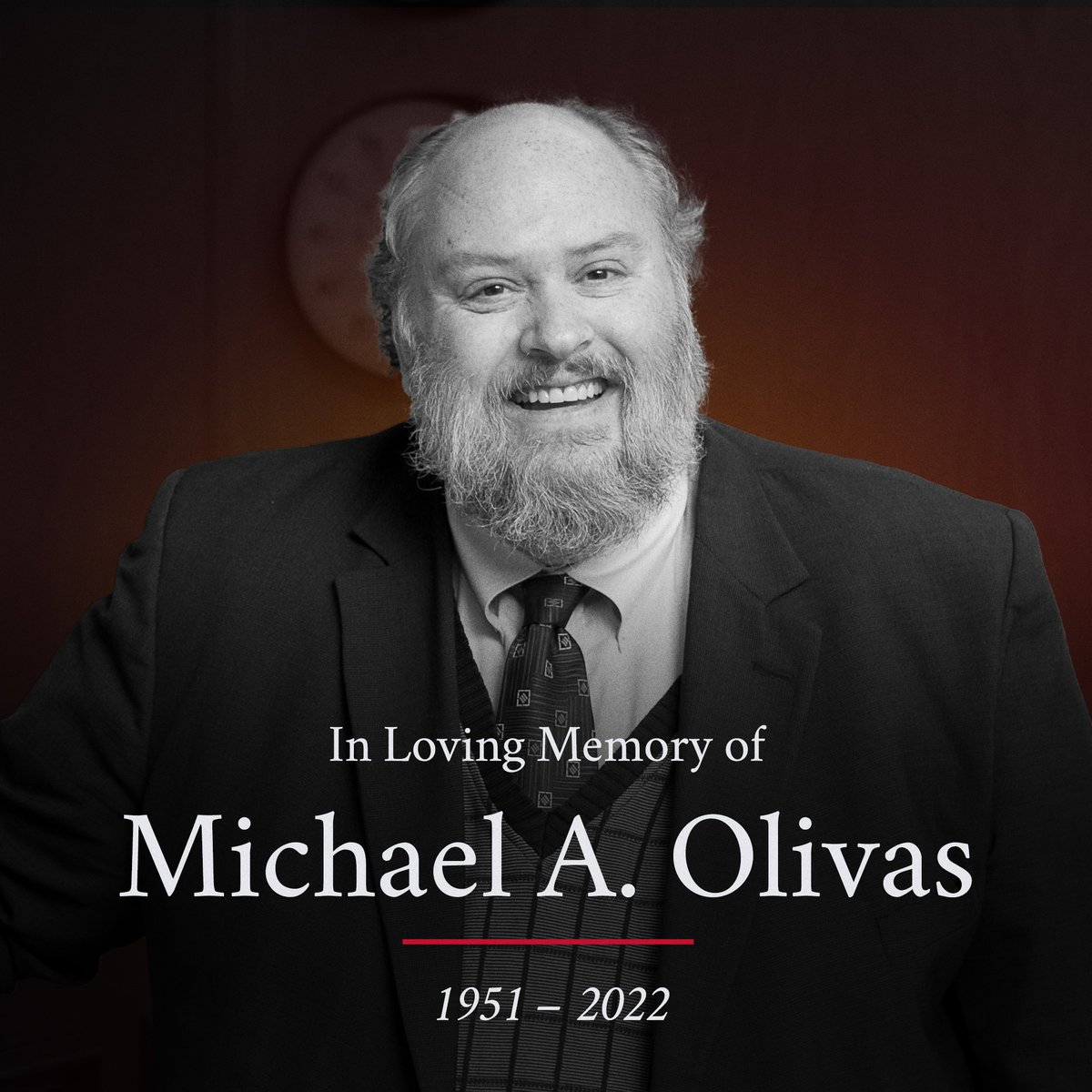 UHouston's tweet photo. We are greatly saddened by the passing of Michael A. Olivas, @UHLAW professor emeritus.

He will be remembered for his dedication to advancing legal education and advocating for others. https://t.co/0g2svpFQyL
