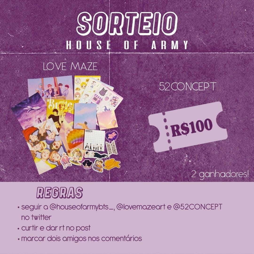 houseofarmybts_'s tweet image. ⚠️ | SURPREZINHA!

Vocês acharam mesmo que não iria ter sorteio da HOA dos 50K? Estavam enganados!

Para participar basta:

- Seguir a @houseofarmybts_ , @lovemazeart e @52CONCEPT ;
- Dar fav e rt nesse post;
- Marcar dois amigos + @BTS_twt nos comentários.

+