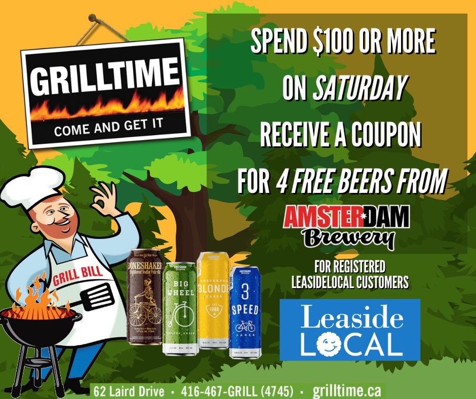 FOR LEASIDELOCAL REGISTERED CUSTOMERS 👉 Spend $100 or more at Grilltime on Saturday, April 23rd &amp; receive a coupon for 4 free beers from Amsterdam Brewery  🥩🍺  TO ENROLL IN LEASIDELOCAL GO TO leasidelocal.com