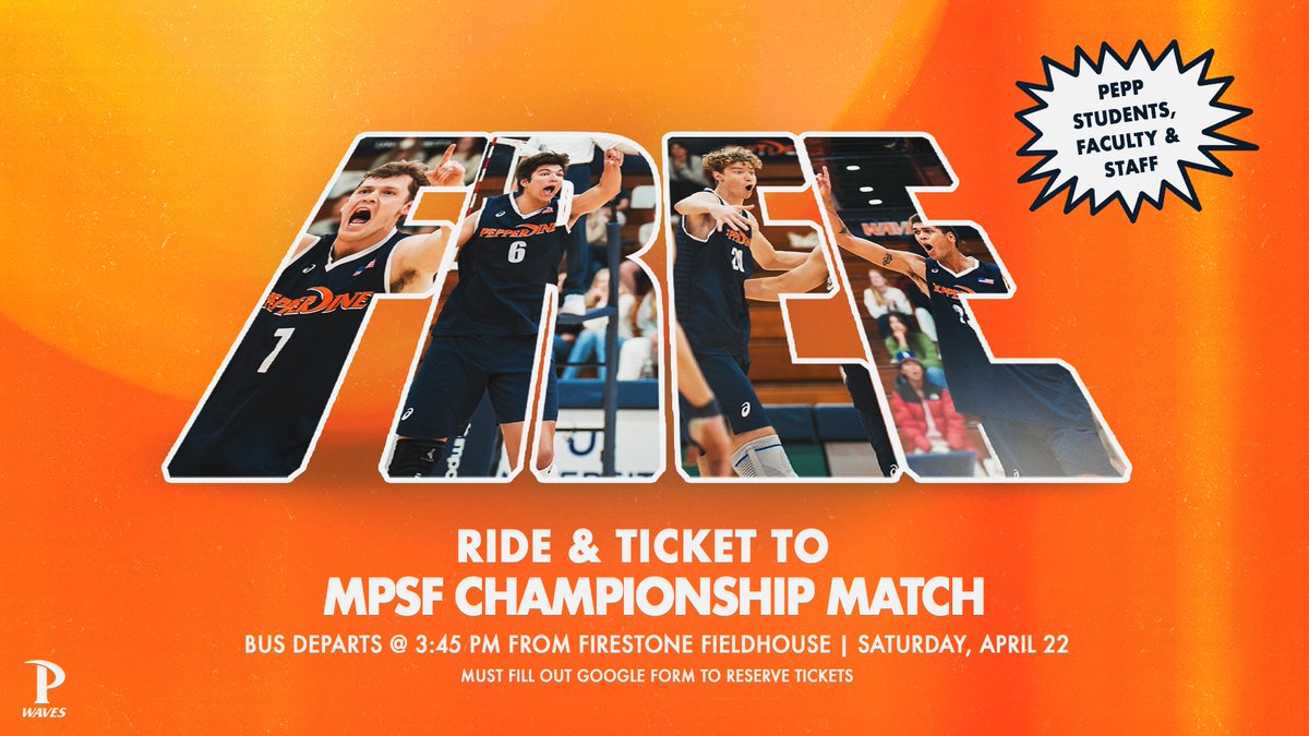 Pepperdine Waves (@pepperdinewaves) on Twitter photo PEPPERDINE FAMILY:
Claim your π
πππ ticket to @PeppVolleyball's @MPSFVolleyball Championship Match on Saturday @ 6PM!
If you need a ride, ππ'ππ πππ πππ! There are 50 open spots on the bus, leaving at 3:45PM from Firestone Fieldhouse!
ποΈπ: gowav.es/3k8EN6k PEPPERDINE FAMILY:
Claim your π
πππ ticket to @PeppVolleyball's @MPSFVolleyball Championship Match on Saturday @ 6PM!
If you need a ride, ππ'ππ πππ πππ! There are 50 open spots on the bus, leaving at 3:45PM from Firestone Fieldhouse!
ποΈπ: gowav.es/3k8EN6k