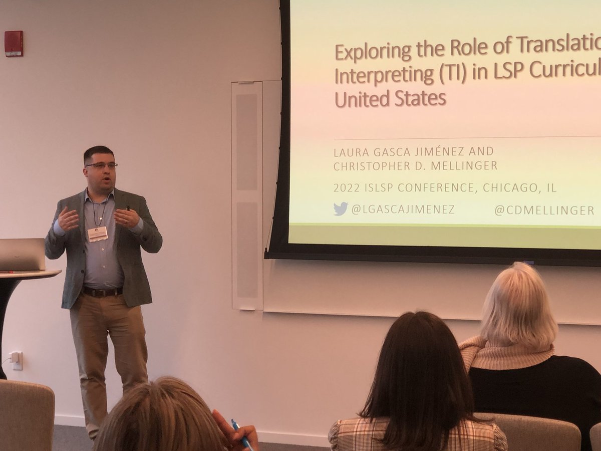 An after lunch session at #islspciber  is getting started with <a href="/cdmellinger/">Chris Mellinger</a> presenting collaborative work with <a href="/lgascajimenez/">Laura Gasca Jiménez</a> about incorporating #translation &amp; #interpreting in the LSP curriculum.