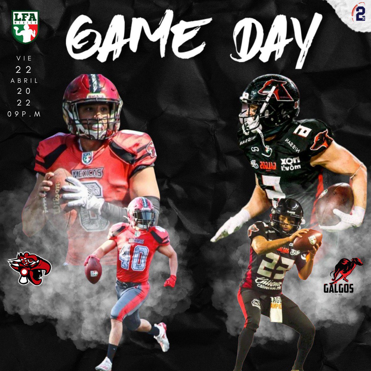 2PFootballCamp's tweet photo. 🇲🇽 LFA GAME DAY 🏈

Hoy se enfrentarán dos grandes de la LFA @mexicas_lfa y @galgos_lfa. 😎💯

Los Mexicas de la CDMX se encuentran en Tijuana para enfrentar a Los Galgos, buscarán el tercer lugar de la temporada regular. 👀🔥

¿Lo lograran? 🧐 https://t.co/z8H4zHsfKL