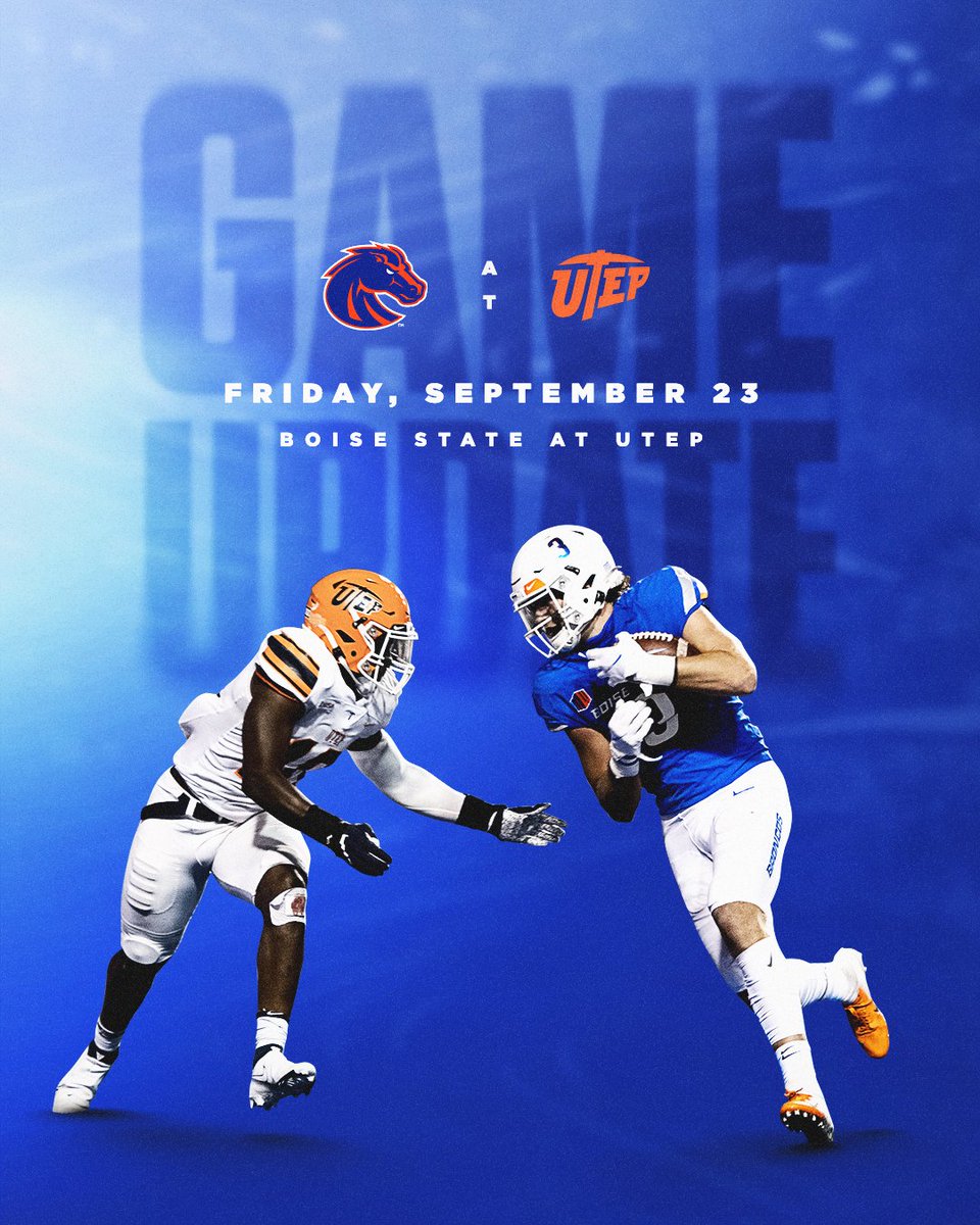 BroncoSportsFB's tweet photo. 𝙎𝘾𝙃𝙀𝘿𝙐𝙇𝙀 𝙐𝙋𝘿𝘼𝙏𝙀 ↴
🆚 UTEP
🗓️ Friday, Sept. 23

🔗 https://t.co/aPawQRac9E https://t.co/LloCCpeDOx