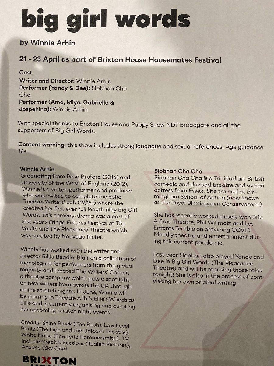 RBC_foundation's tweet photo. @BrxHouseTheatre waiting to see Big Girl Worlds with @rosebruford graduate @WinnieArhin @rosebruford #rbcaf #foundation #dramaschool #writer #theatre https://t.co/zUIPp4ZACE