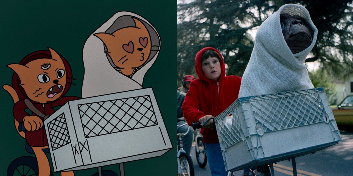 antongotchi's tweet photo. For my #felineFiendz fam: remember this scene from ET? Now the cats of @Stickyz_nft and @nfTWoo__ get to relive it 🚲👽 https://t.co/lLoWk0YEHJ