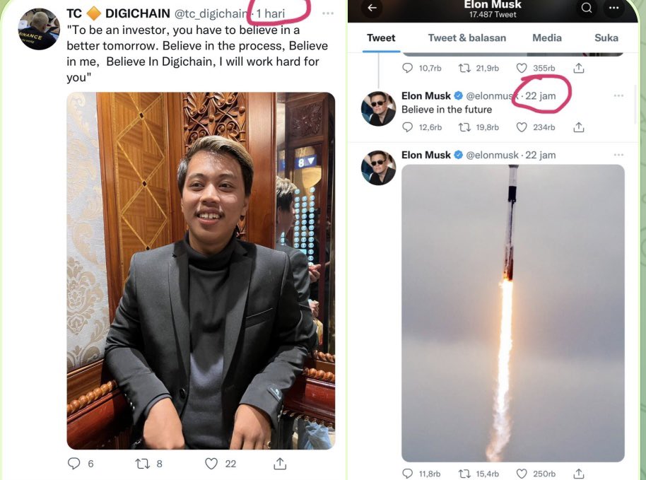 DIGICHAIN CEO tweeted " Believe in better tommorow " one day before Elon Musk Tweeted " Believe In Future " is this a sign DIGICHAIN will PUMP ?

<a href="/tc_digichain/">0xTC ⭐ DIGICHAIN</a> &amp; <a href="/elonmusk/">Elon Musk</a> 

#DIGICHAIN #Digichaincoin