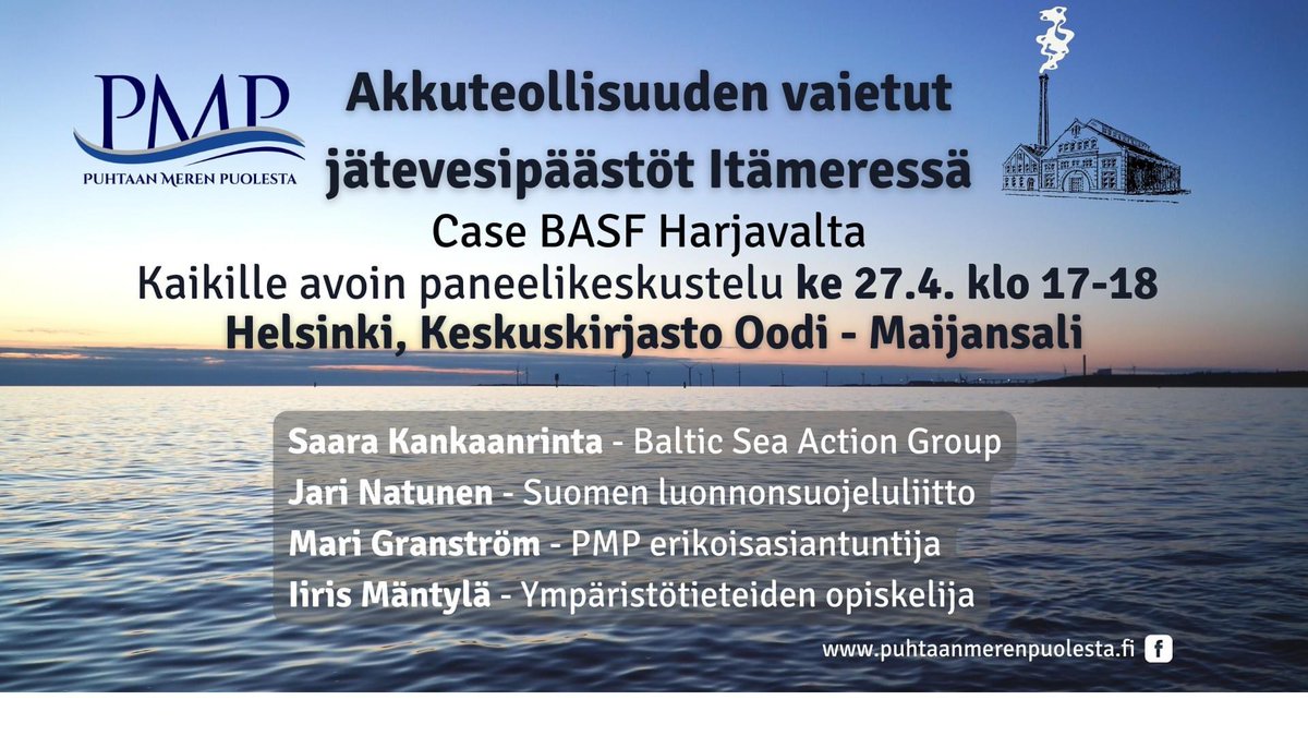 Puhtaan meren puolesta ry (@puhtaan) on Twitter photo Keskustelu teollisuuden jätevesipäästöistä jatkuu 27.4. Oodissa <a href="/GranstromMari/">Mari Granström</a> <a href="/JariNatunen/">Jari Natunen</a> <a href="/SKankaanrinta/">Saara Kankaanrinta</a> ja Iiris Mäntylän kanssa. Tule sinäkin! Keskustelu teollisuuden jätevesipäästöistä jatkuu 27.4. Oodissa <a href="/GranstromMari/">Mari Granström</a> <a href="/JariNatunen/">Jari Natunen</a> <a href="/SKankaanrinta/">Saara Kankaanrinta</a> ja Iiris Mäntylän kanssa. Tule sinäkin!