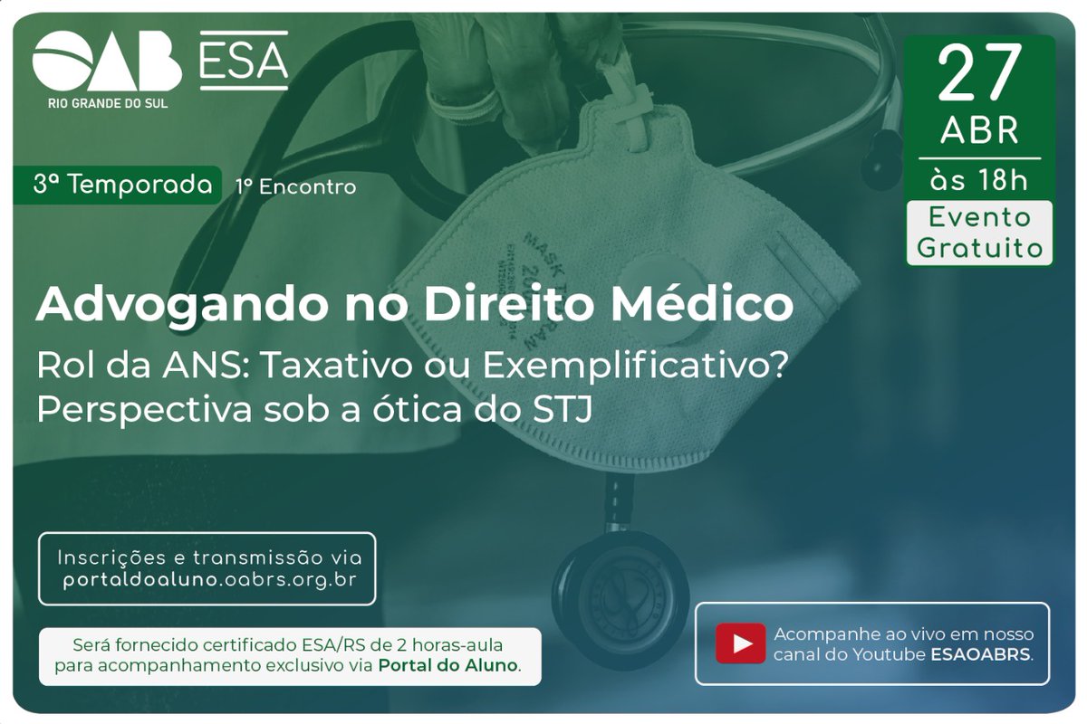 A ESA/RS e a CEDS retomam em 2022 o projeto “Advogando no Direito Médico”. Em sua 3ª temporada, o evento de abertura abordará o tema “Rol da ANS: Taxativo ou Exemplificativo? Perspectiva sob a ótica do STJ”. Saiba mais em: bit.ly/3EFuy35