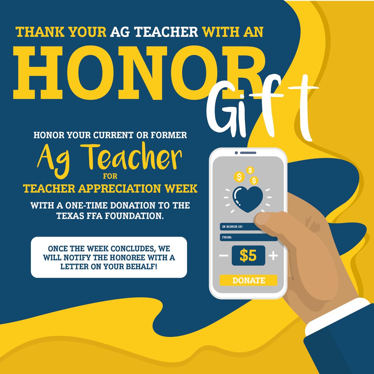 Did you know Teacher Appreciation Week is May 2-6, 2022?

You can honor your current or former ag teacher for #TeacherAppreciationWeek with a one-time donation to the Texas FFA Foundation! 

bit.ly/3xNfqPx