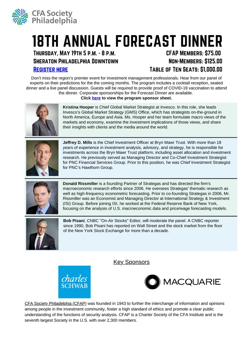 CFA Society Philadelphia will host its 18th Annual Forecast Dinner from 5:00 PM to 8:00 PM. Join us to hear our panelists offer their thoughts on the future of financial markets and on the economy.

Register here: events.r20.constantcontact.com/register/event…