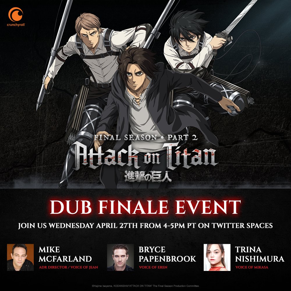 Attack on Titan on X: Get ready for the epic dub finale of Attack on Titan  Final Season Part 2 by joining our first-ever Twitter Spaces event! Tune in  for a Q&A