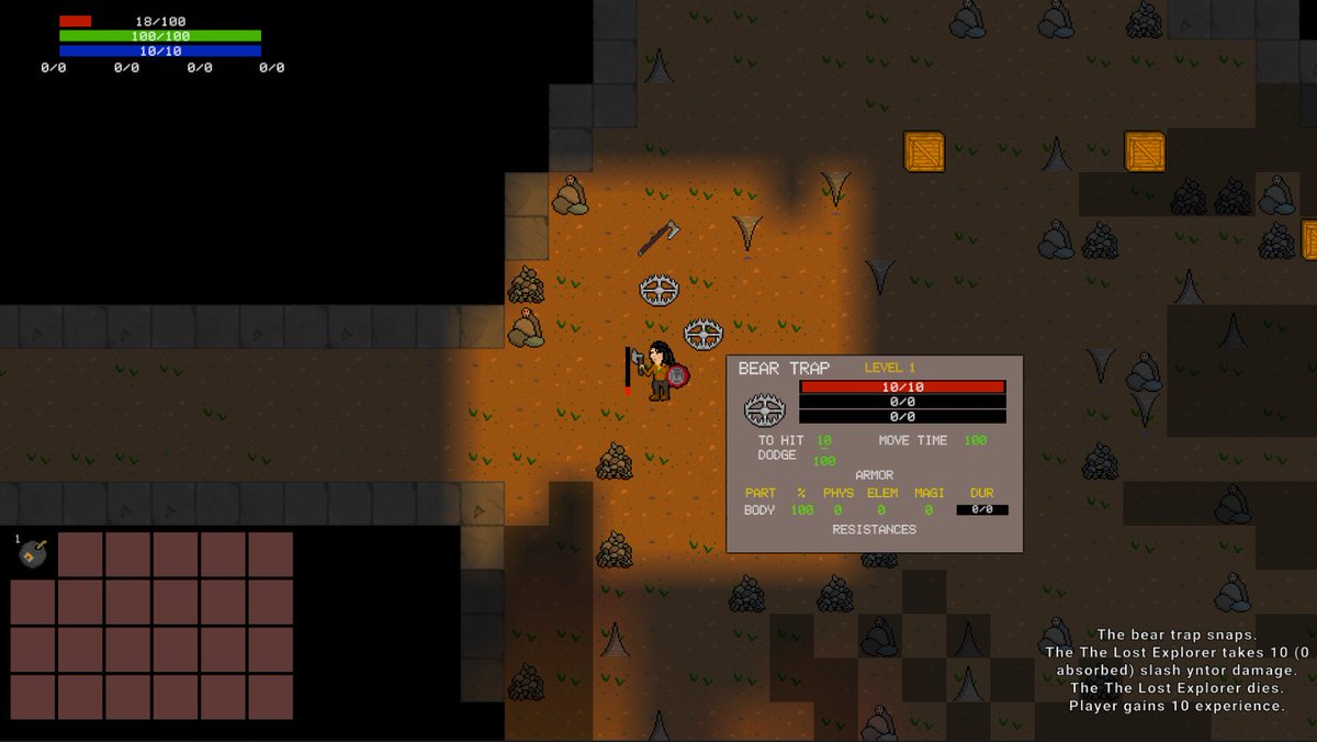 almondbun's tweet photo. Today I implemented the first trap. Traps are invisible until something steps on it or the player is successful in a perception roll. Since traps are internally also actors invisible monsters are now also possible. https://t.co/xecwFfevk8