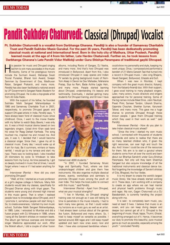 PanditSukhdev's tweet photo. Glad to announce that my article is featured in Films Today (India Today) Magazine where I talks about my music journey.
#filmstoday #apriledition #magazine #indiatoday #India #panditsukhdevchaturvedi #MUSICBLOOD #music #interview https://t.co/WENJivL20X