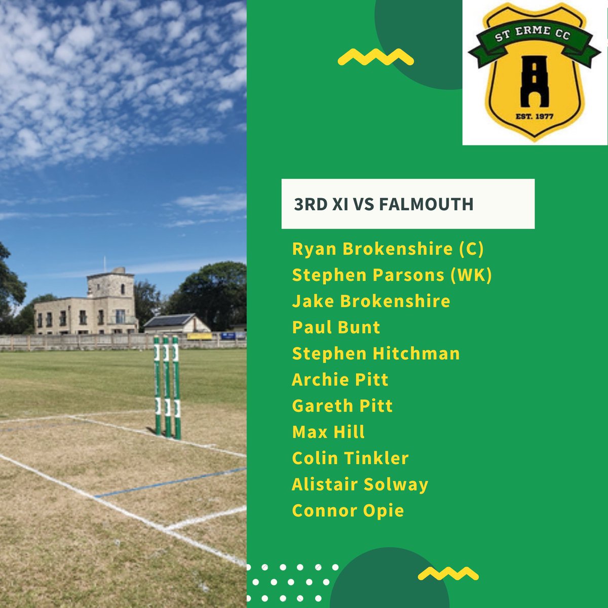stermecricket's tweet photo. 🚨Team Announcement🚨

1st XI host @WerringtonCC whilst Neil Griffiths takes charge of the 2nd XI for the first time away to @stjustcc and Ryan Brokenshire’s young 3rd XI travel to @FalmouthCC 

#oneteamonedream https://t.co/4HfZD3Sluf