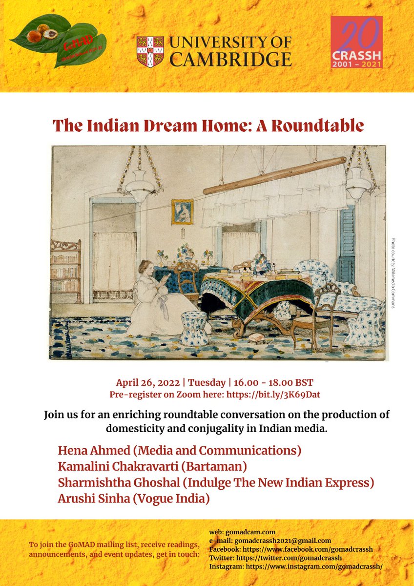 gomadcrassh's tweet photo. Aaand we are back! ๐ฅณ Our first event for the #EasterTerm is up. We're excited to host a roundtable on the production of domesticity & conjugality in #IndianMedia ๐๏ธ๐๏ธApril 26 at 4PM (BST). Register: https://t.co/71kch7BHfS #GoMADCrassh2022 @CRASSHlive @BartamanNews @arushisinha https://t.co/bnPRW7UjbP