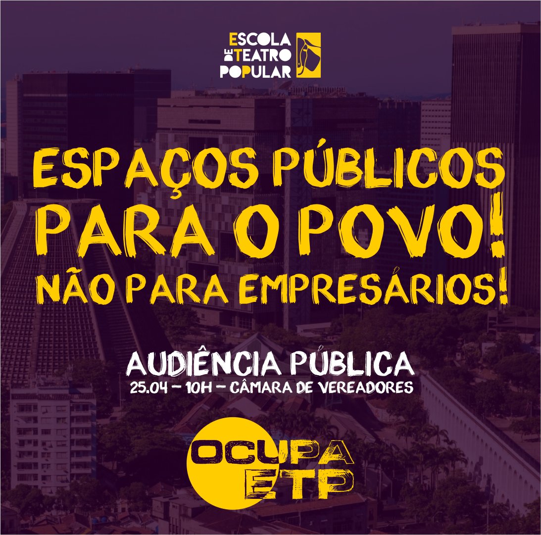 Em um momento de extrema vulnerabilidade do setor da cultura e de imensa necessidade de reavivar os espaços da cidade, não podemos permitir que os espaços públicos sejam cedidos para as mãos de empresários!

Dia 25/04, às 10h, na Câmara de Vereadores.

#OcupaETP