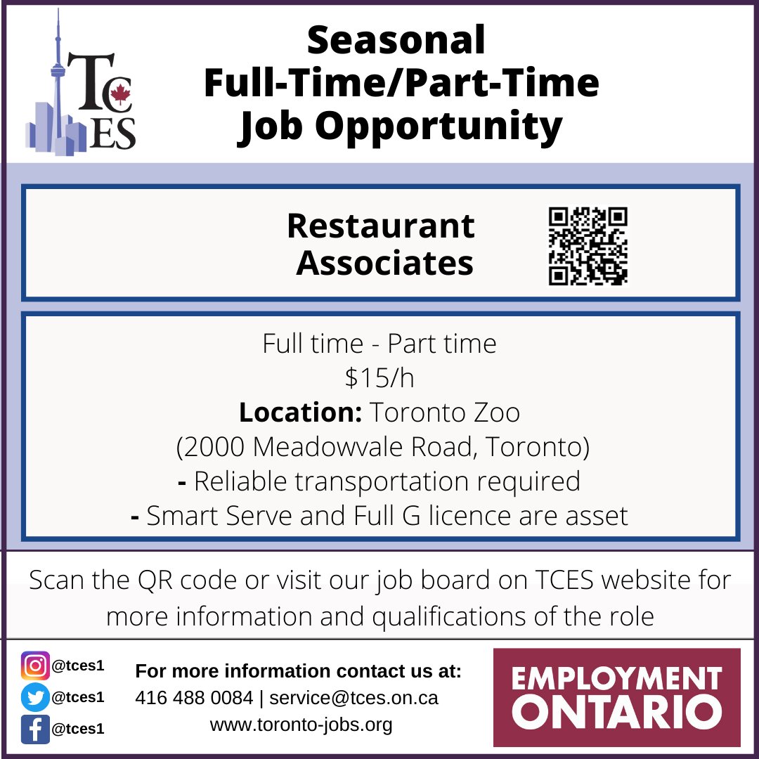 TCES1's tweet image. Are you looking for a seasonal job for summer? Job opportunity at Toronto Zoo as a Restaurant Associates.

Scan the QR code or visit our job board on TCES website for more information. 

#tces #torontojobs #torontoemployment #torontojobsearch #jobsearch #fulltimejob