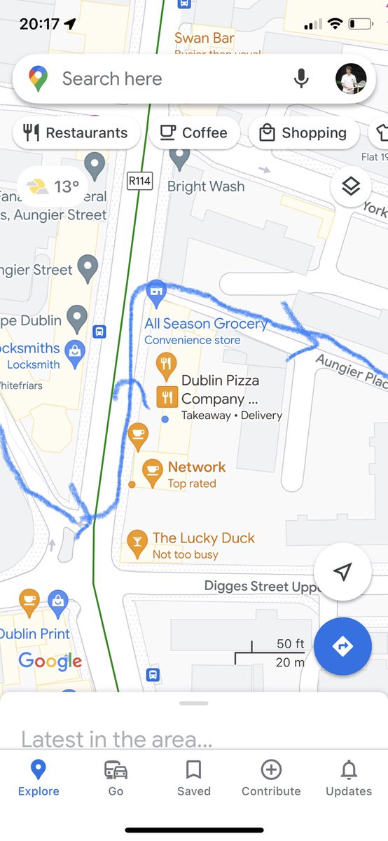 thedavidlowry's tweet photo. @dublinbypub Think it's still possible via Aungier Place. You have to cross the junction Lucky Duck is on but technically you don't pass the door. Does that count? https://t.co/ppakEzpVtf