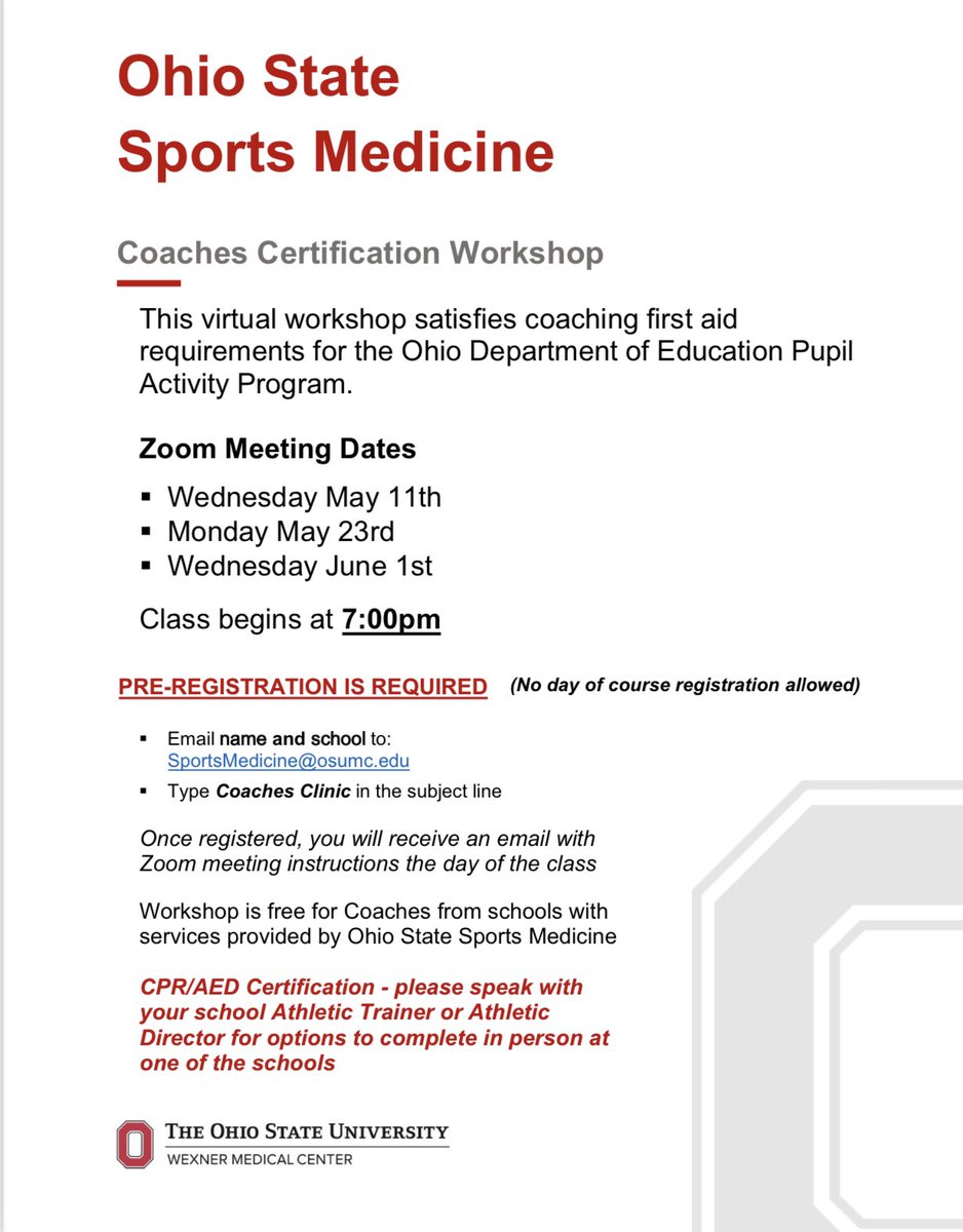 The next round of coaches first aid workshops are coming up! Be sure to pre-register. Great opportunity for fall coaches to get your certifications done early in the summer! <a href="/OHSathletics/">OHS Athletics</a>