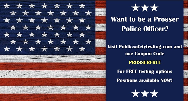 cityofprosserwa's tweet photo. Do you want to be a Prosser Police Officer? Visit https://t.co/H2tqbvIH9o and use Coupon Code PROSSERFREE for Free Testing Options. Officer Positions are available NOW! https://t.co/hzjkdbbEGi
