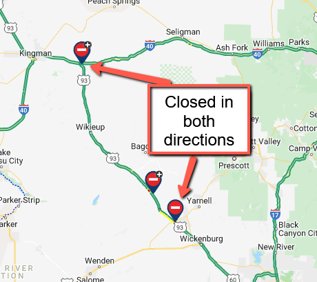 ArizonaDOT's tweet photo. *CLOSURE*
US 93 is closed in both directions between I-40 and SR 71 due to a fire at milepost 166.
NB lanes are closed at SR 71 (milepost 183) and SB lanes are closed at I-40 (milepost 93).
There is no estimated time to reopen the highway.
#aztraffic #US93 https://t.co/UGYUpgQTbP